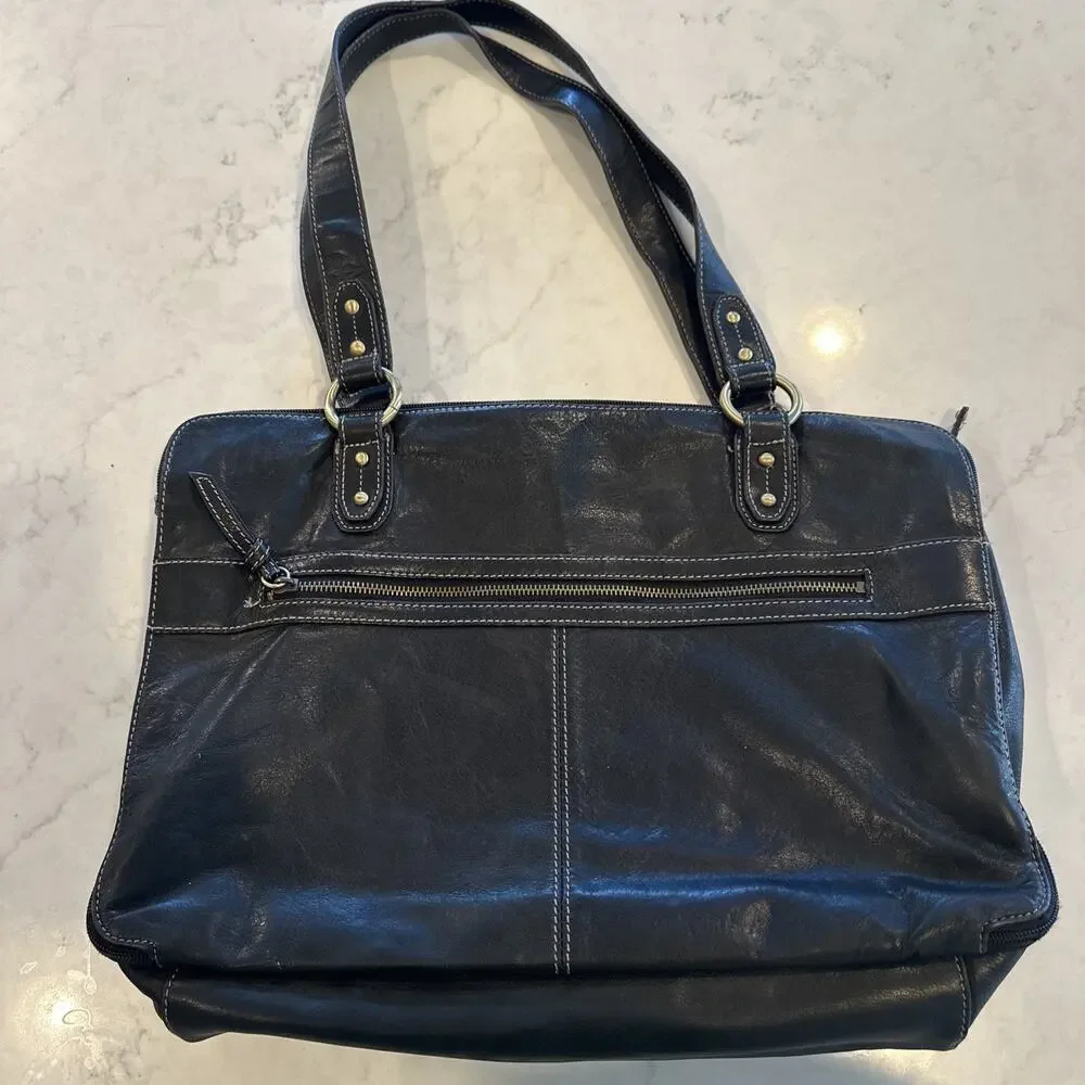Tignanello Women’s Black Leather Stitched‎ Messenger Bag Purse Briefcase